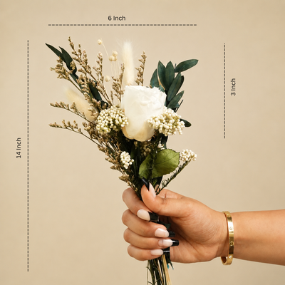 Snow Petal preserved white rose bouquet DIMESNION IMAGE 