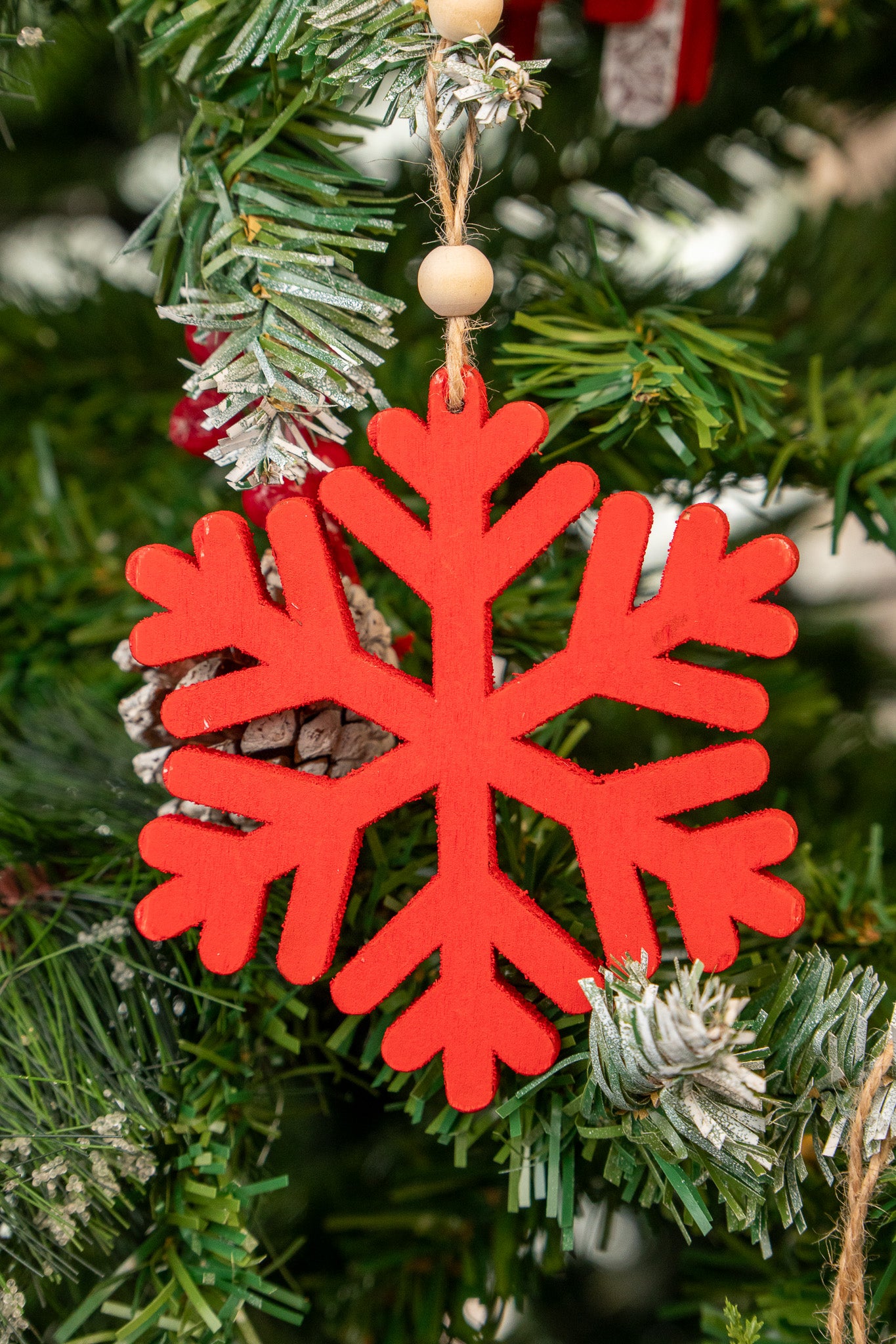 Red Wooden Snowflake Christmas Ornament set of 3