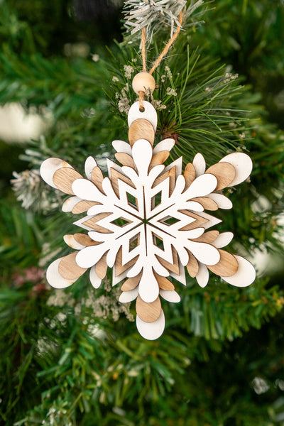 White & Wooden Layered Snowflake Ornament set of 3