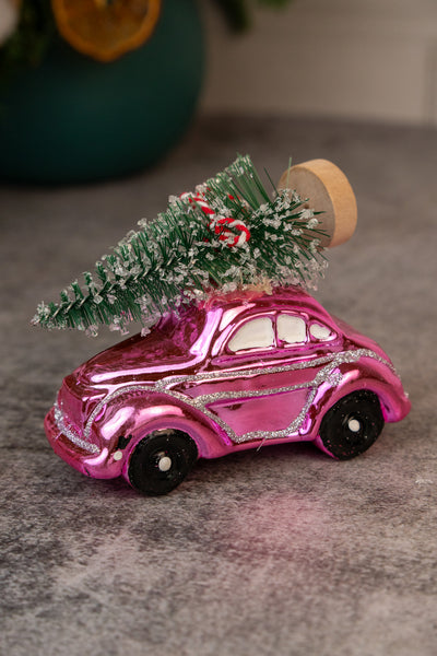Pink Vintage Car with Christmas Tree Table Décor set of 4