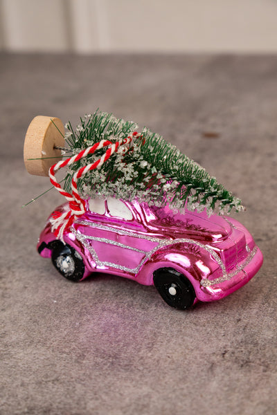 Pink Vintage Car with Christmas Tree Table Décor set of 4
