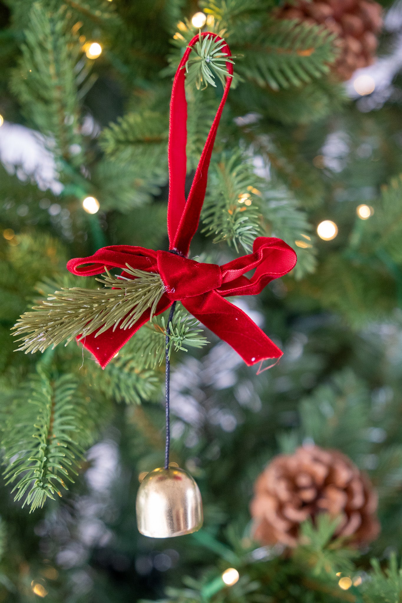 Mini Gold Hanging Bell with Red Velvet Ribbon set of 4