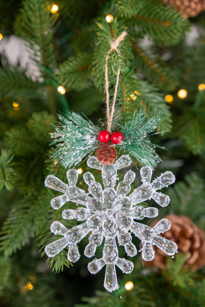 Crystal Snowflake Ornament with Frosted Pine & Berries set of 2