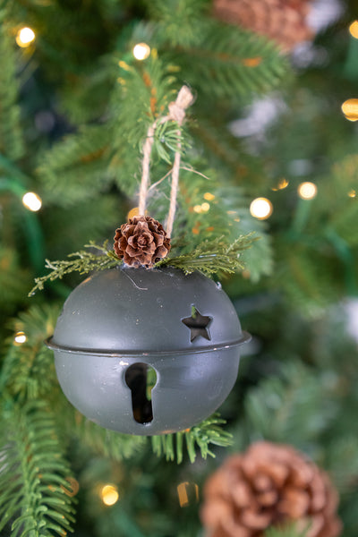 Matte Green Jingle Bell Ornament with Pinecone set of 2