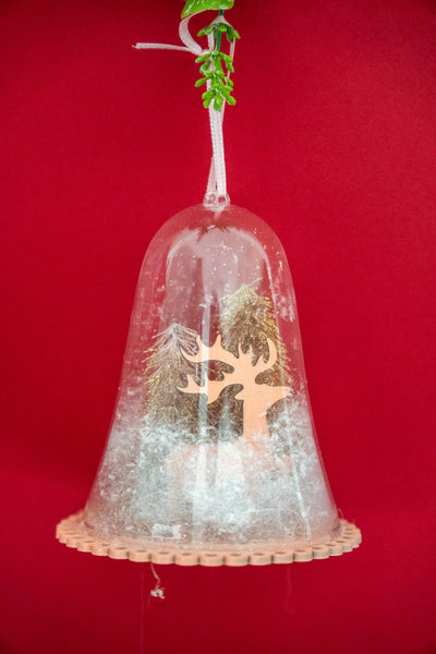 Snow Globe Bell Ornament with Reindeer & Trees (Transparent Dome)