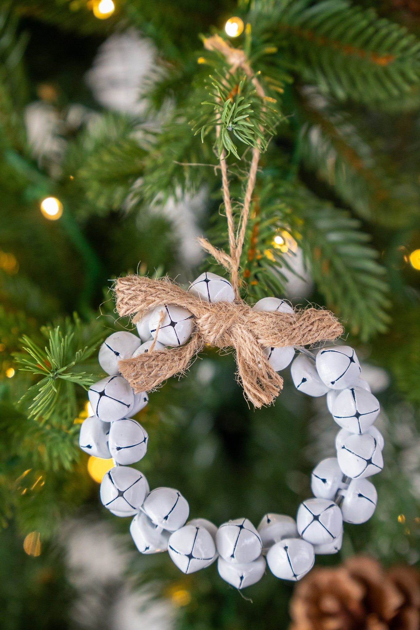 White Jingle Bell Wreath with Jute Bow set of 2