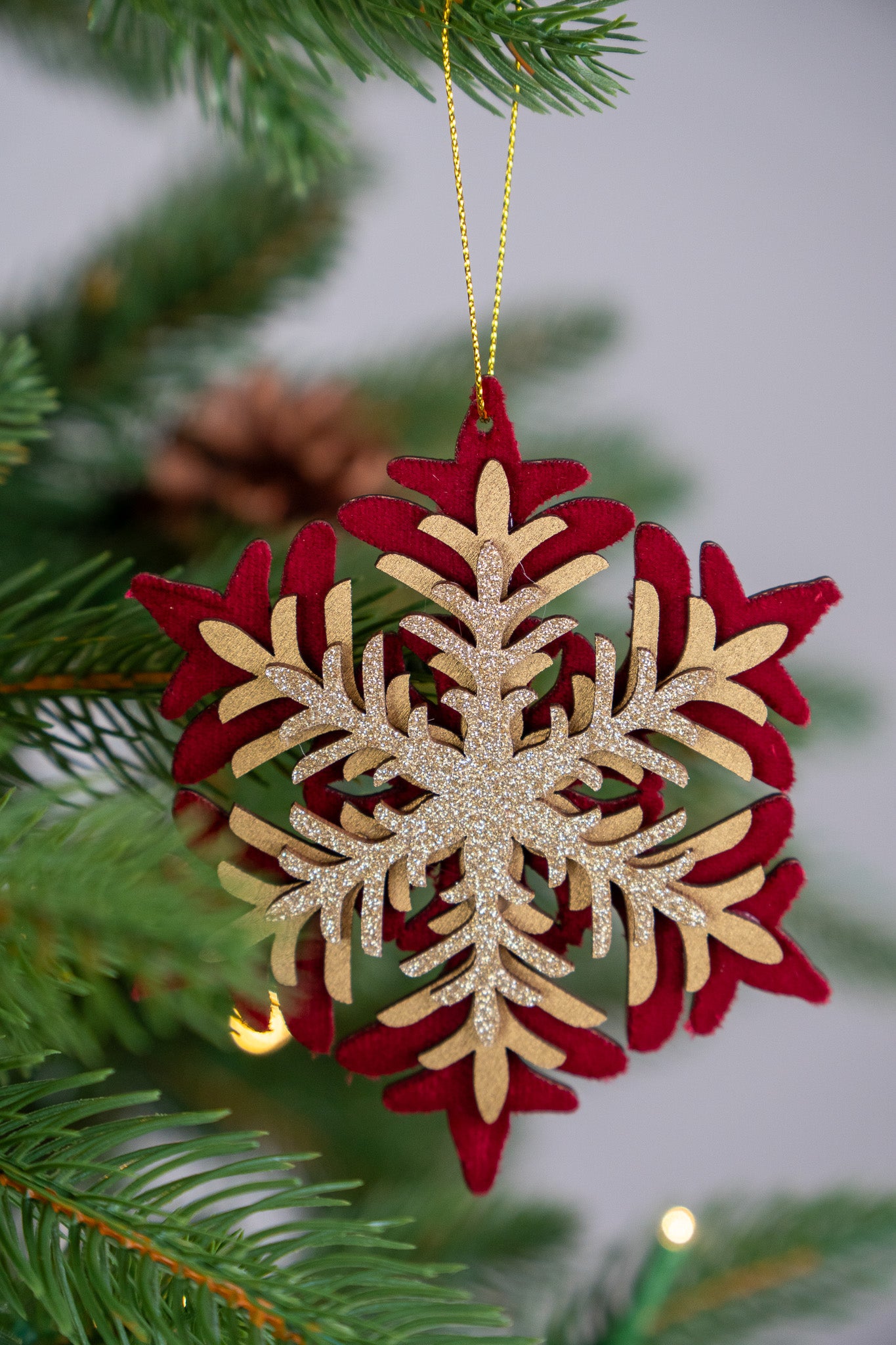 Red & Gold Layered Snowflake Ornament set of 3
