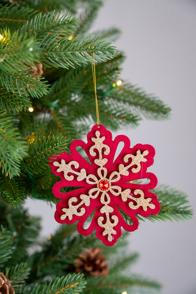 Red Felt Snowflake Ornament with Centre Gem set of 3