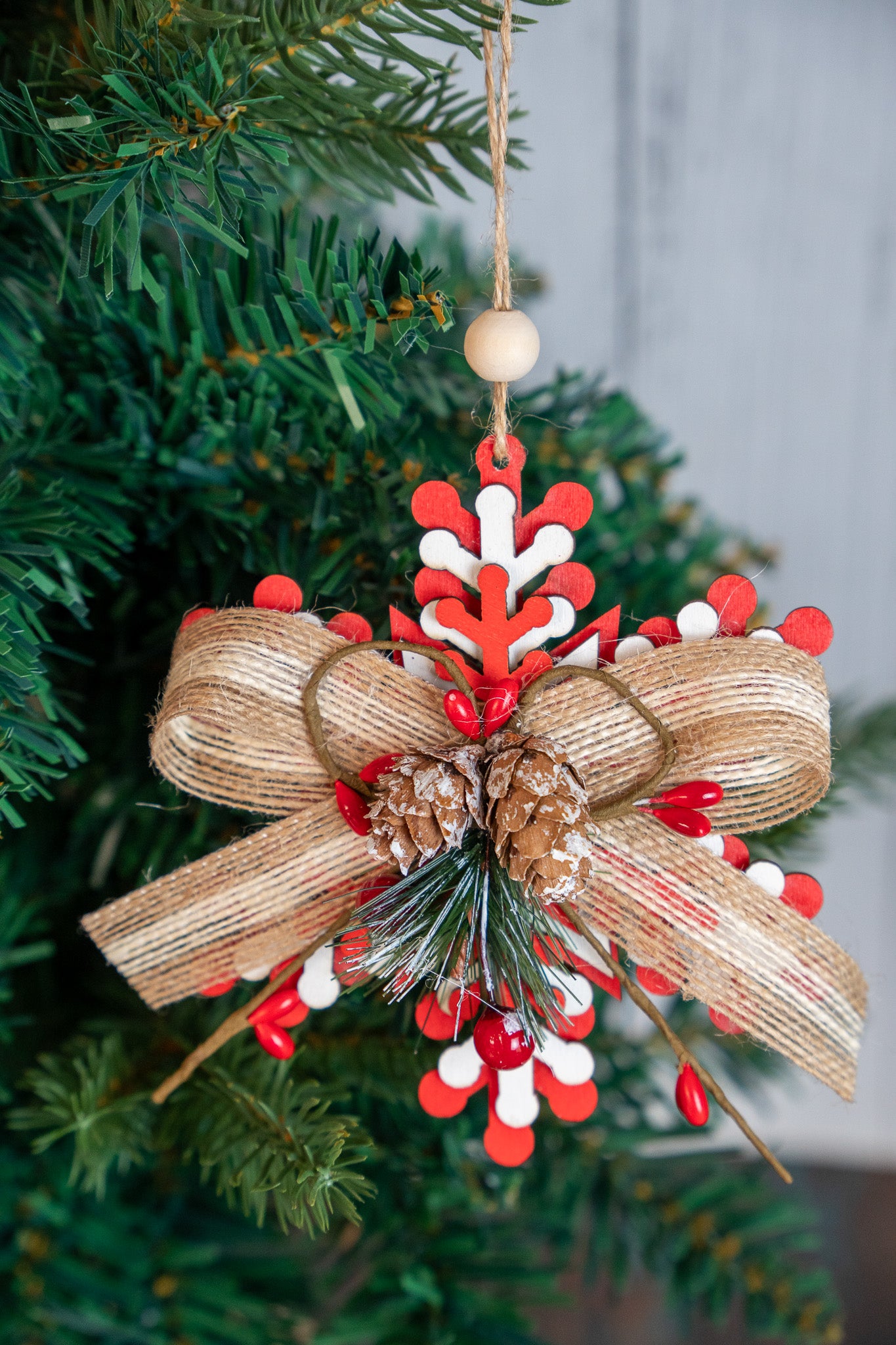 Rustic Red Snowflake Ornament with Bow set of 3