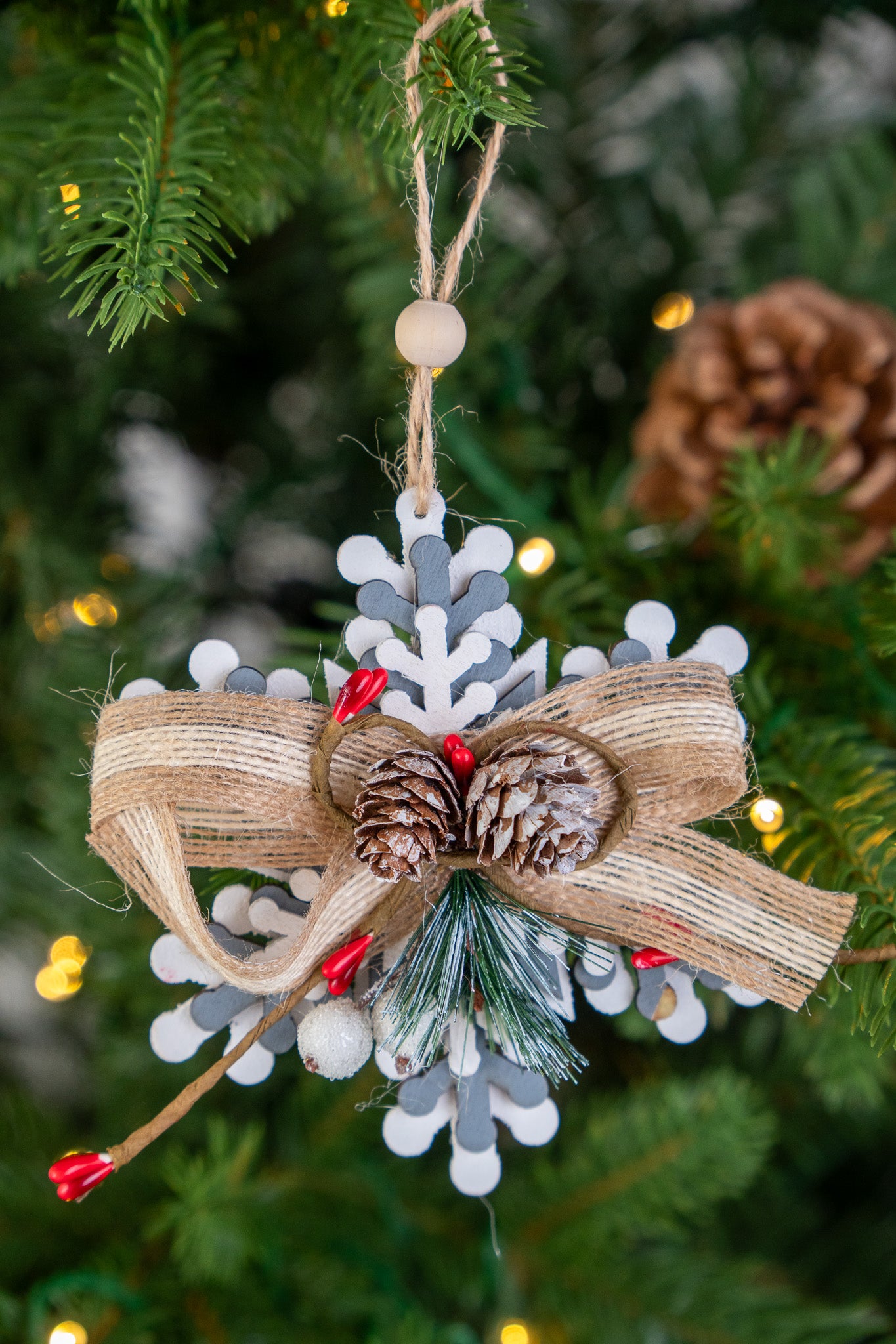 Rustic Grey Snowflake Ornament with Bow set of 3