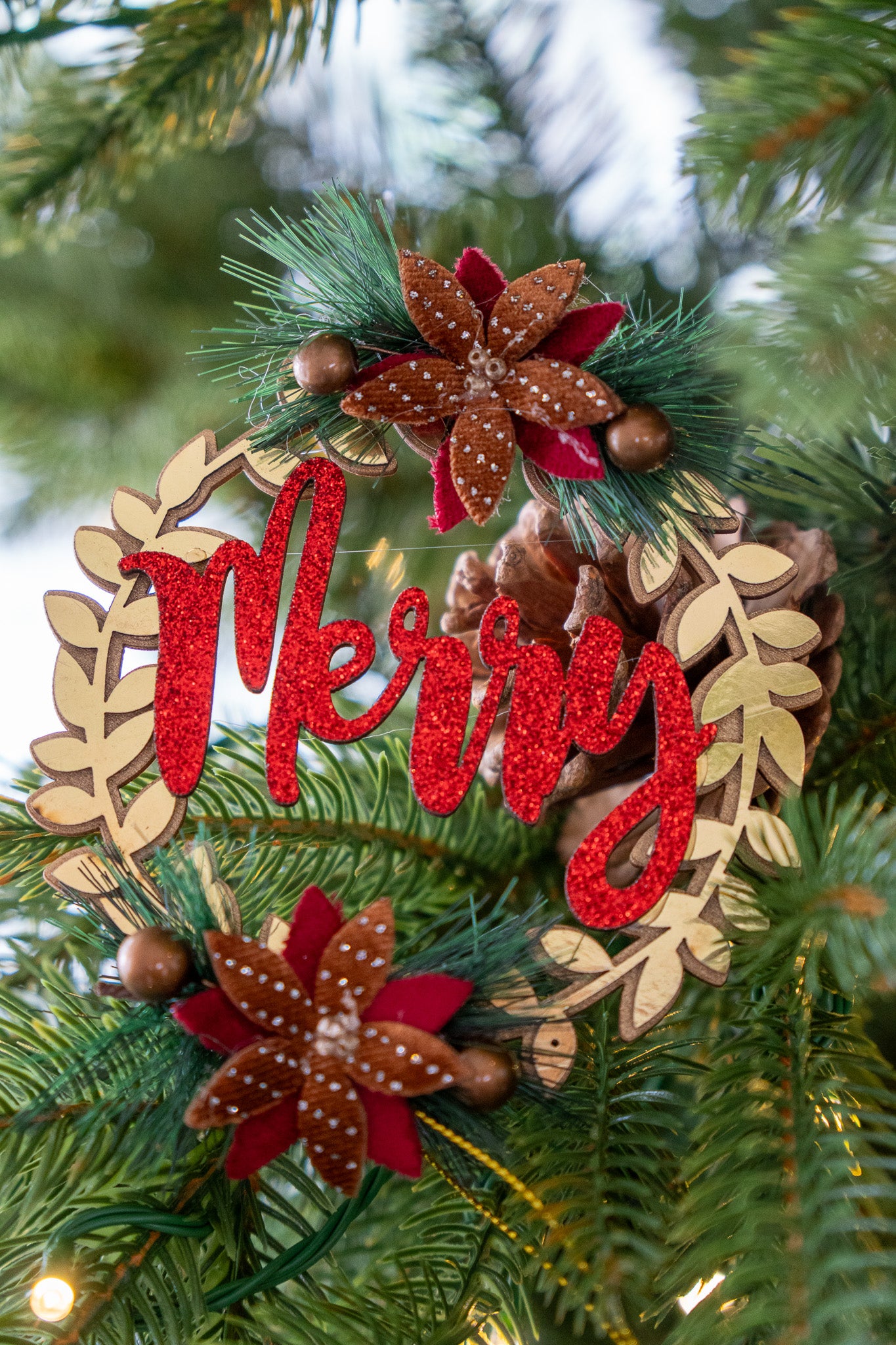 Red Glitter “Merry” Floral Christmas Wreath Ornament set of 3