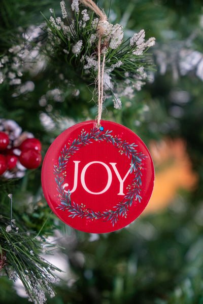 Round Red JOY Christmas Ornament set of 4