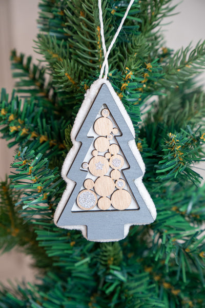 Grey & Wooden Layered Christmas Tree Ornament set of 4