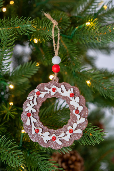 Brown Glittered Wreath Ornament with Red Accents set of 3