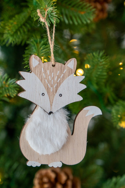 Wooden Fox Ornament with Faux Fur Belly set of 4