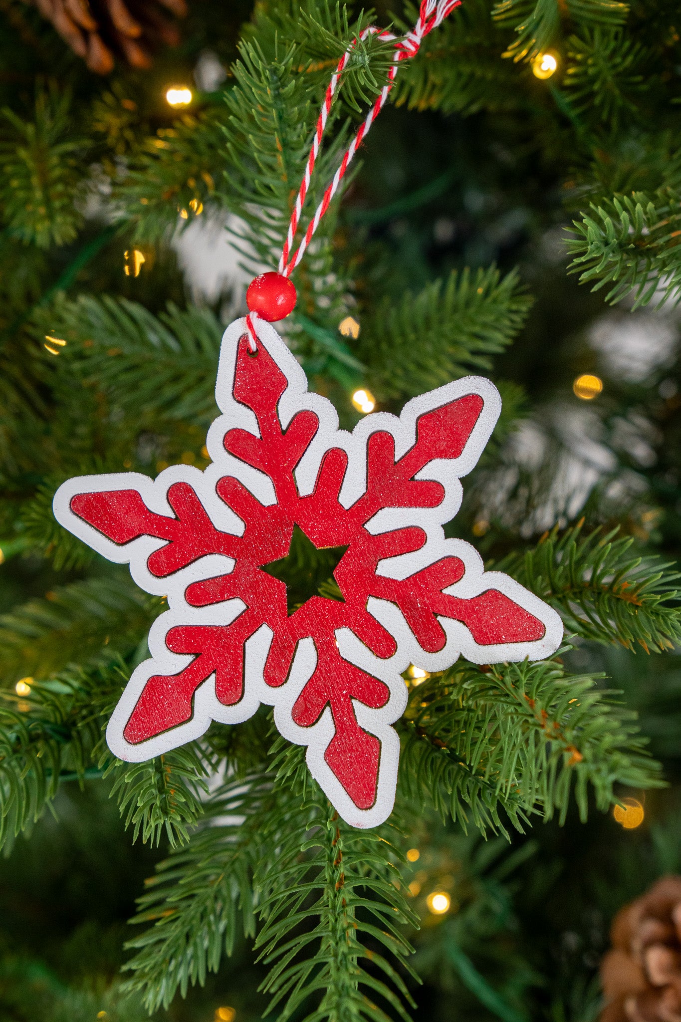 Red Glitter Snowflake Ornament with White Border set of 3