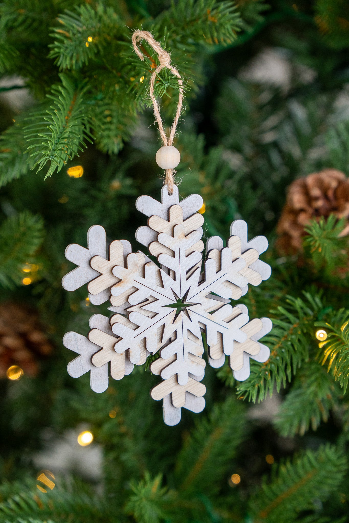 Wooden Layered Snowflake Ornament (White & Natural Finish) set of 3