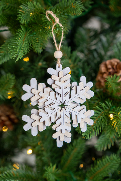Wooden Layered Snowflake Ornament (White & Natural Finish) set of 3