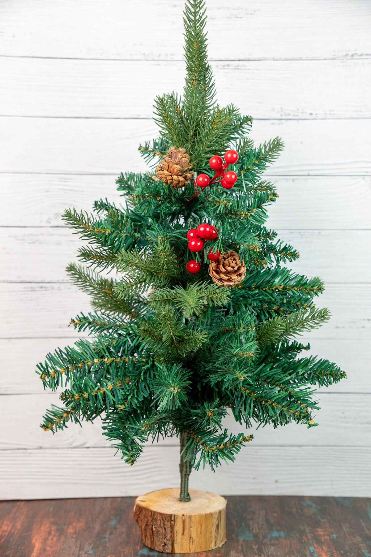 Fir Christmas Tree with Red Berries & Pinecones (Wood Base)