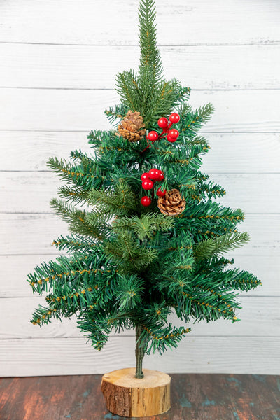 Fir Christmas Tree with Red Berries & Pinecones (Wood Base)