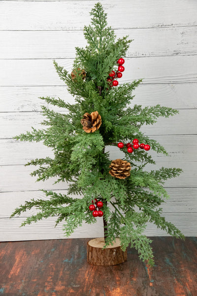 Cedar Leaf Christmas Tree with Berries & Pinecones (Wood Base)