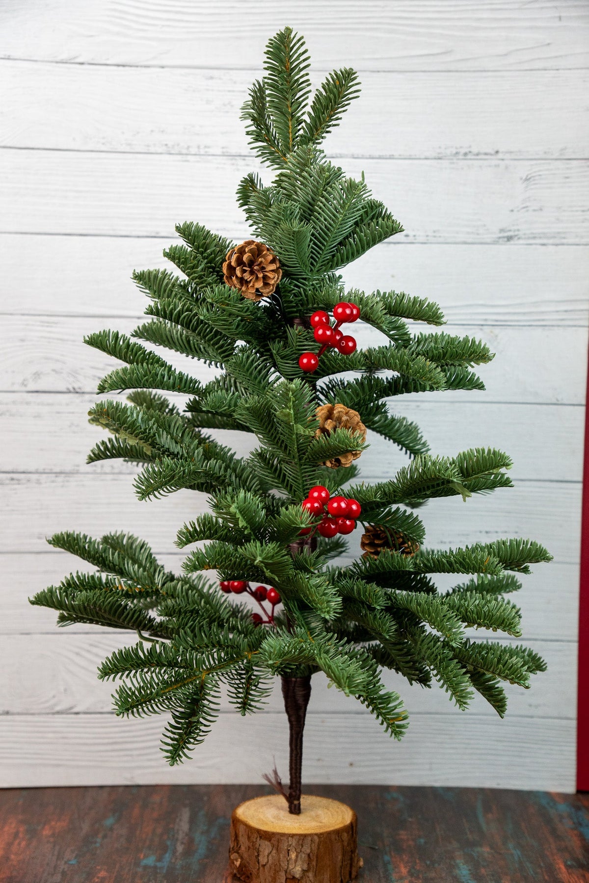 Mini Pine Christmas Tree with Berries & Pinecones (Wood Base)