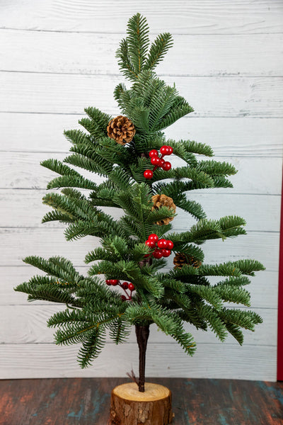 Mini Pine Christmas Tree with Berries & Pinecones (Wood Base)