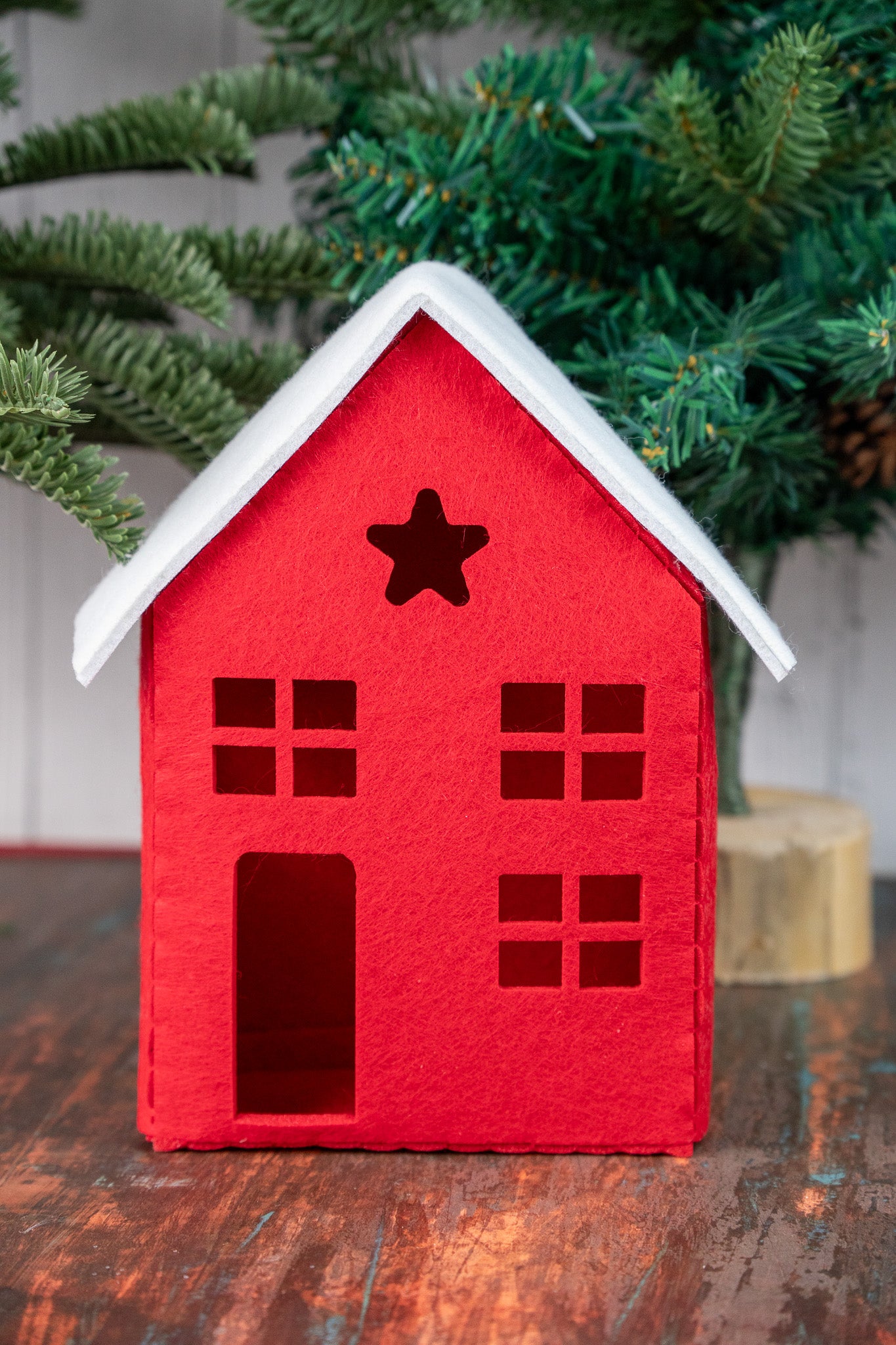 Red Felt Christmas House Décor with White Roof set of 2
