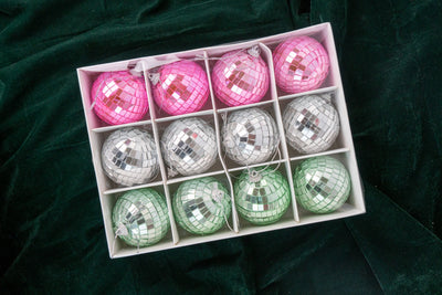 Set of 12 Disco Ball Christmas Ornaments – Pink, Silver & Green