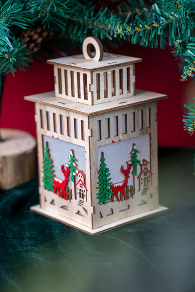 Wooden Christmas Lantern with Reindeer Cut-Outs