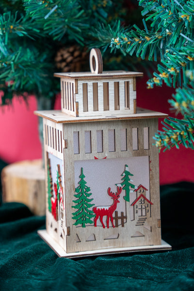 Wooden Christmas Lantern with Reindeer Cut-Outs