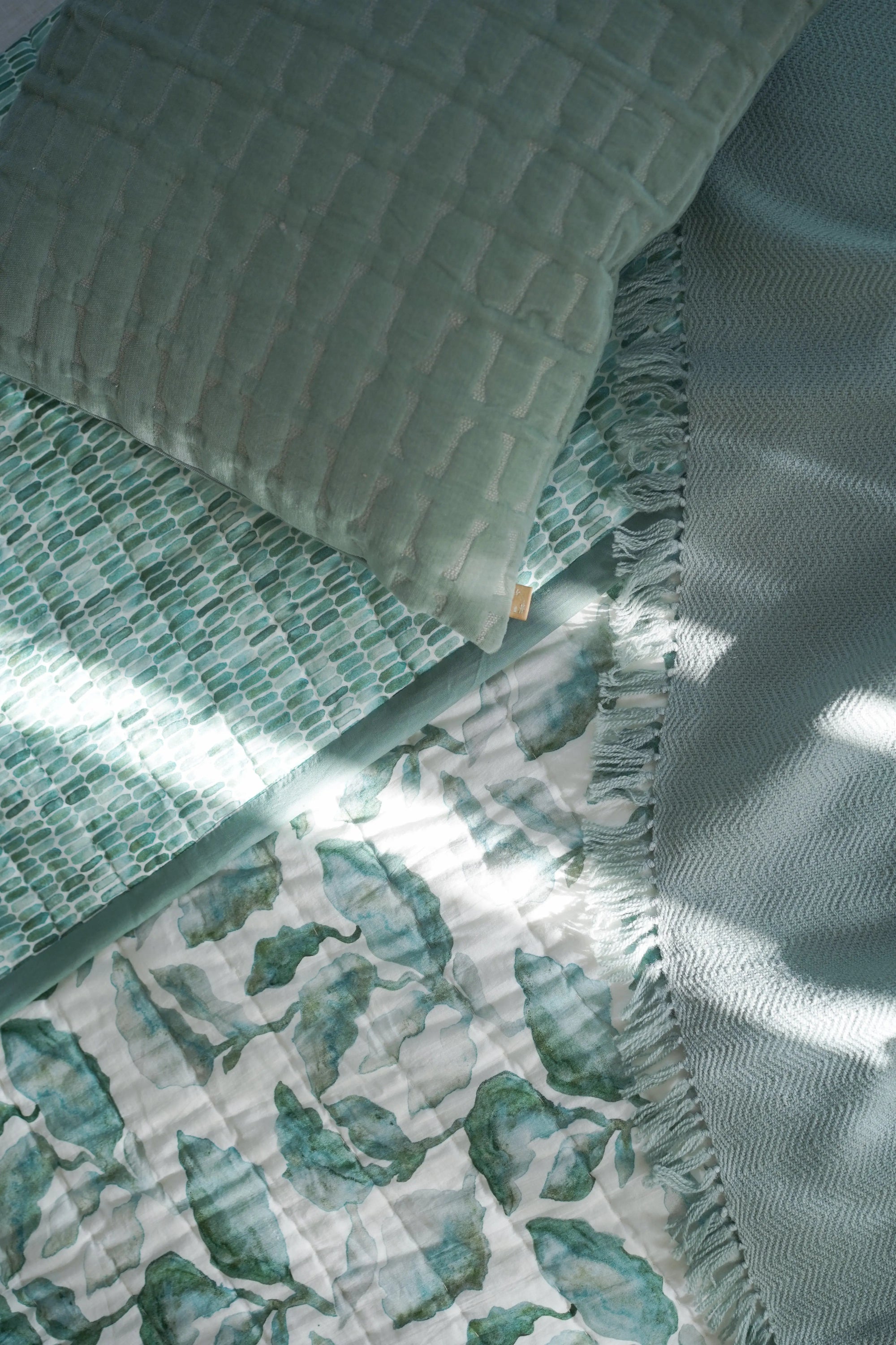 Twig Teal Embroidered Velvet Cushion Cover