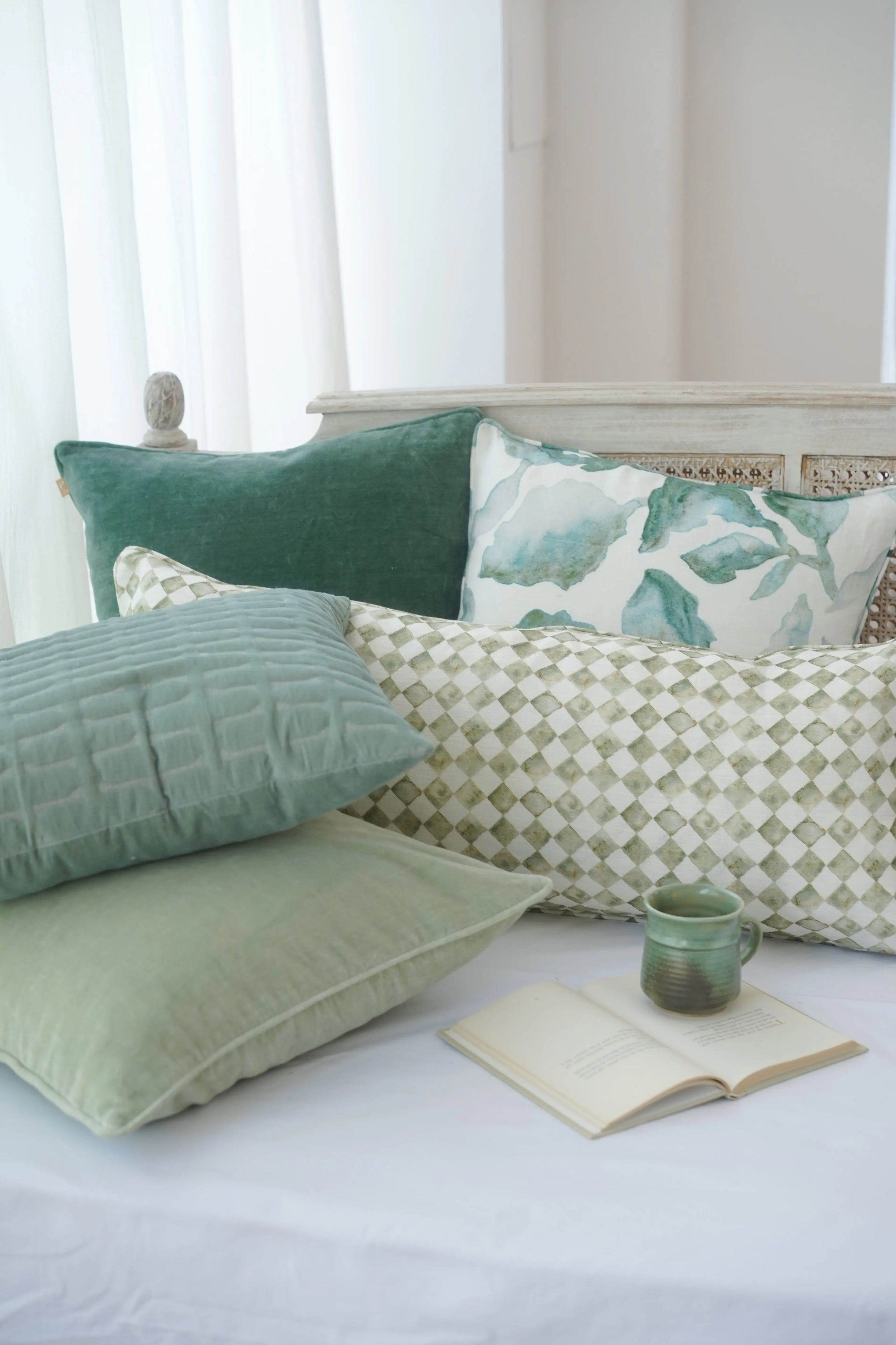 Twig Teal Embroidered Velvet Cushion Cover