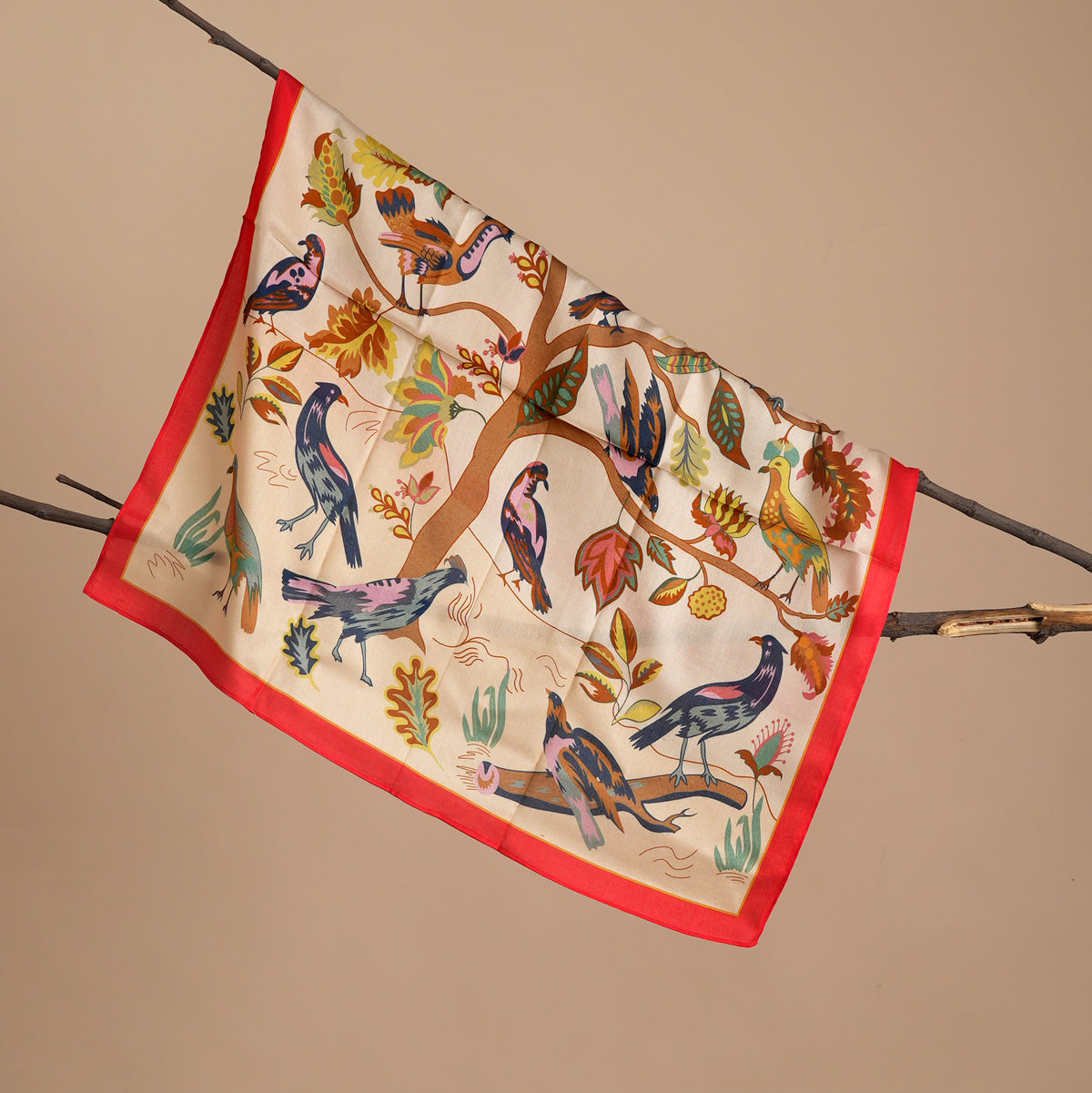 Bird Song Red Mulberry Silk Scarf