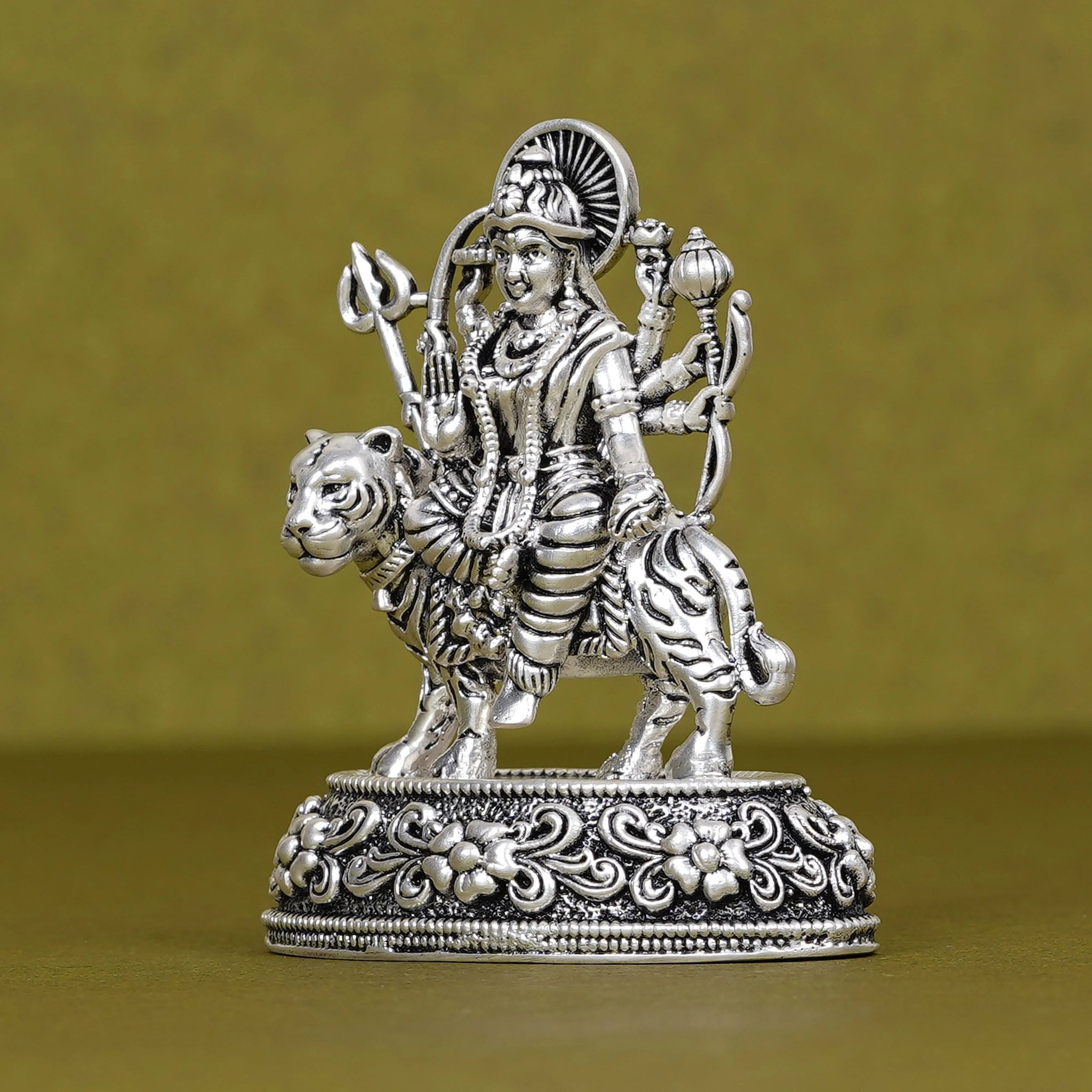 Silver Durga idol on tiger for car dashboard, detailed design, Sabera product image
