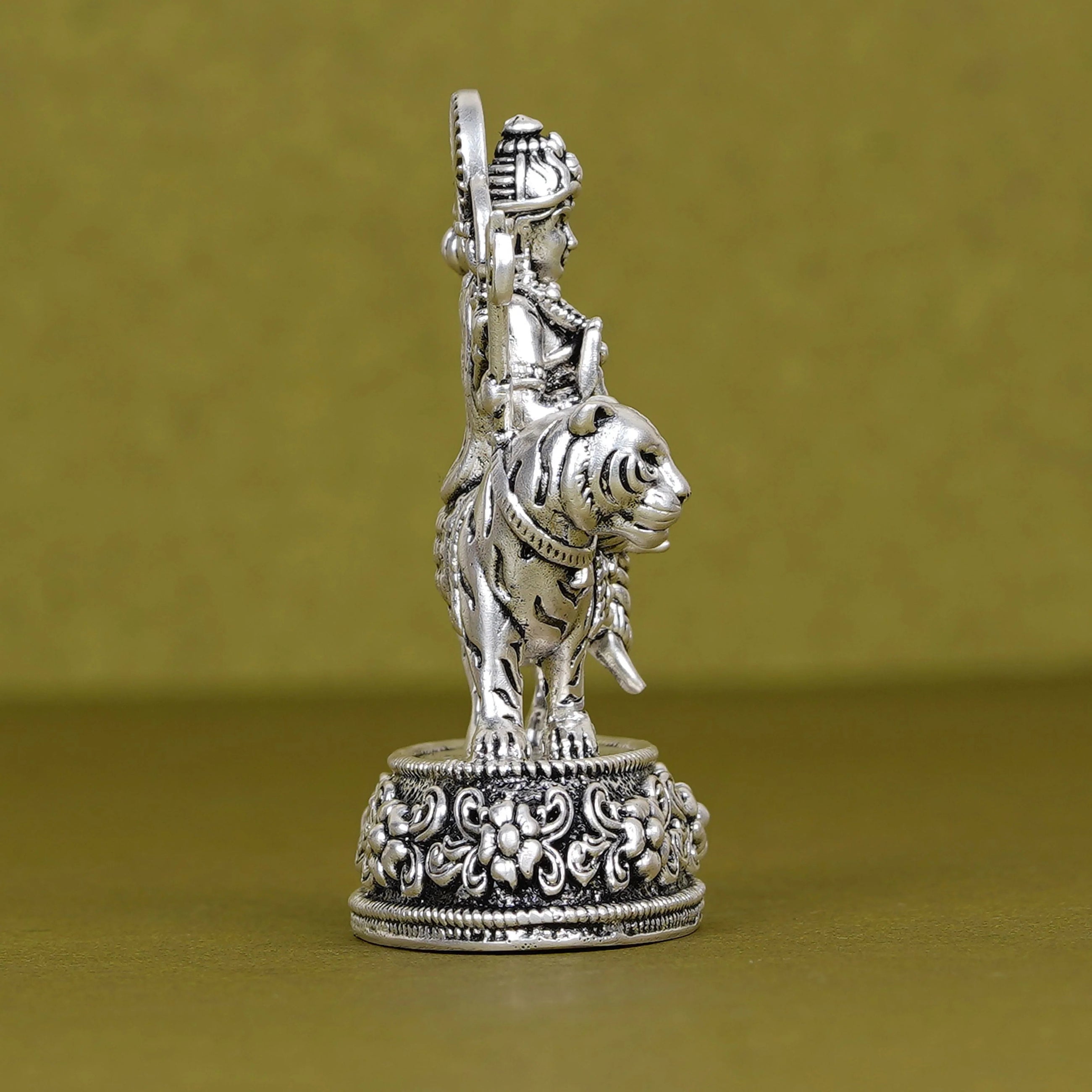 Durga idol on tiger, metallic finish, detailed floral base, perfect car dashboard decor Sabera