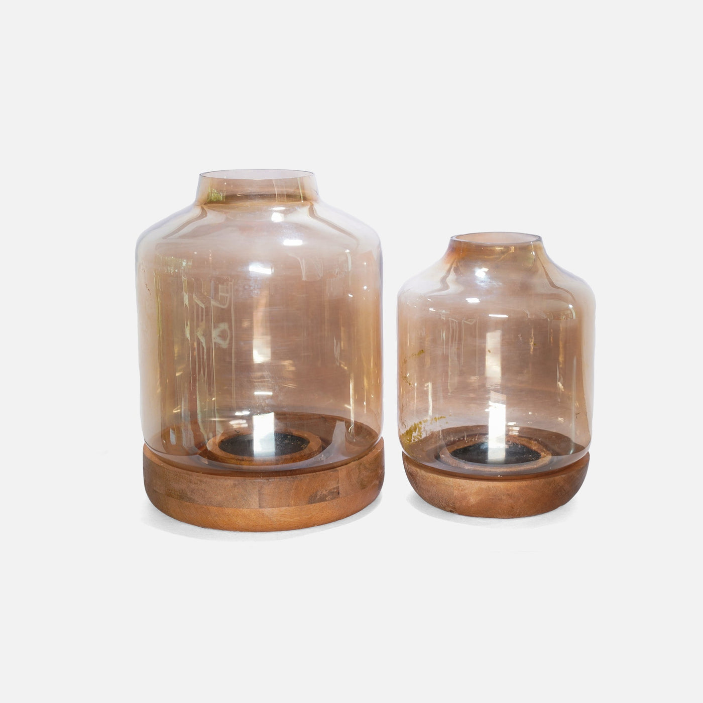 Halo Hurricanes – Set of Two Glass & Wood Candle Holders
