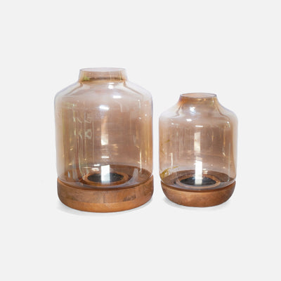 Halo Hurricanes – Set of Two Glass & Wood Candle Holders