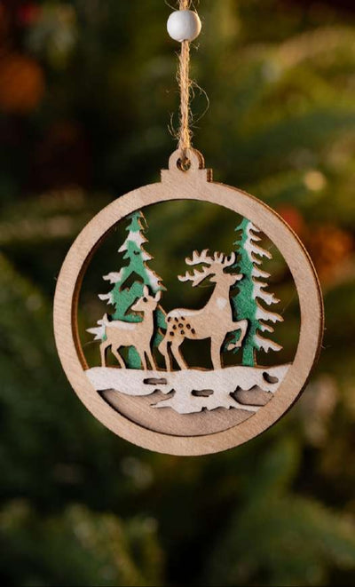 Wooden Round Hanging Ornament with Deer & Trees_CC95