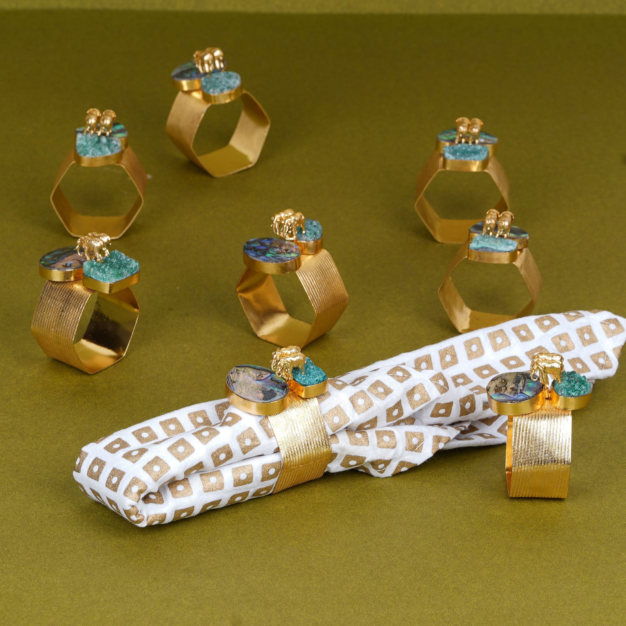 Elephant Duo Napkin Ring with Green & Blue Stones
