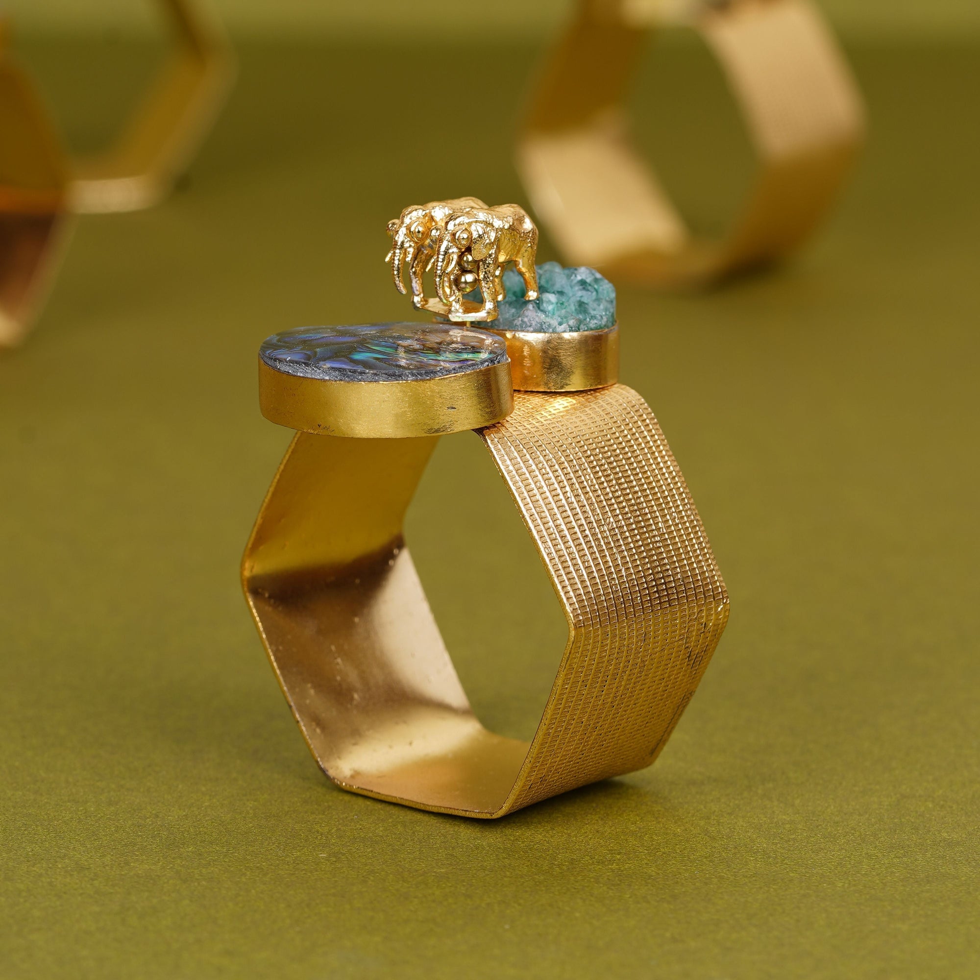 Elephant Duo Napkin Ring with Green & Blue Stones
