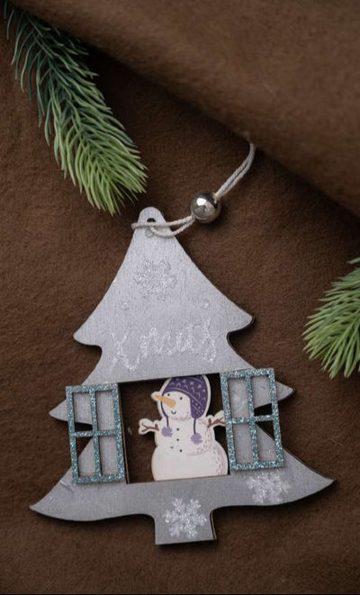 Christmas Tree Shaped Hanging Ornament with Snowman in Window_CC117