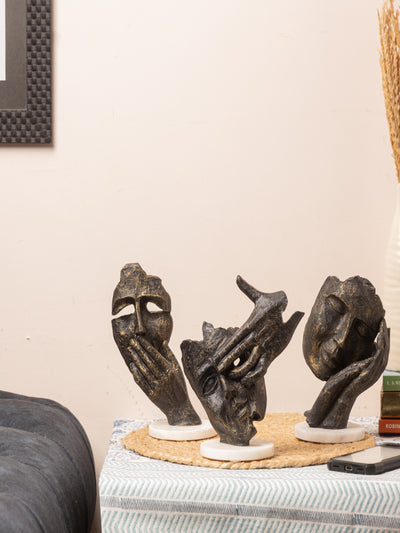 Face Design Showpiece Set of 3 – Small Size Abstract Sculptures with Marble Base for Home & Office Décor