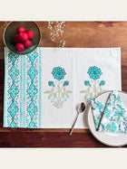 Floral Block Print Placemats with Napkins Set Blue