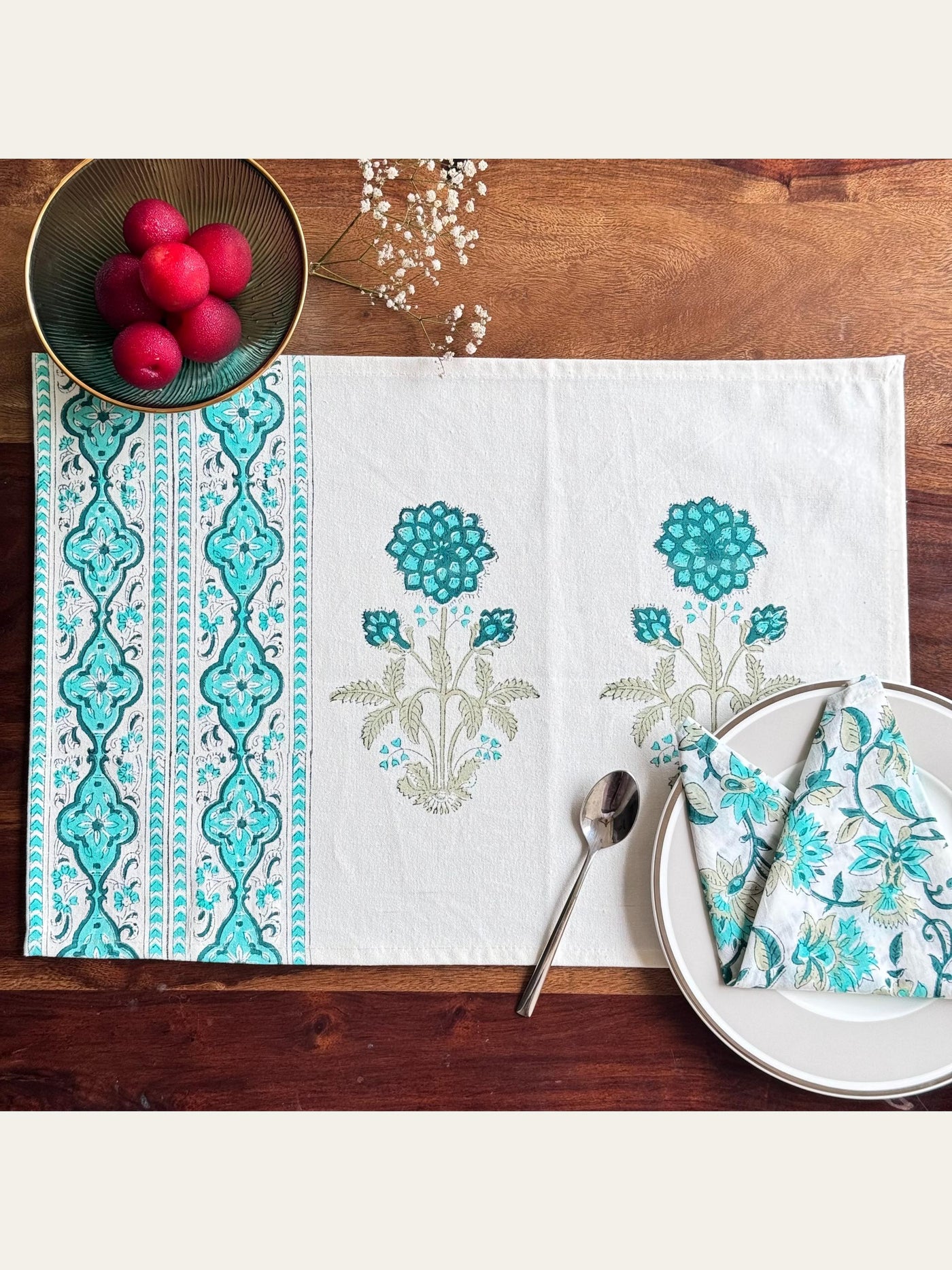 Floral Block Print Placemats with Napkins Set Blue