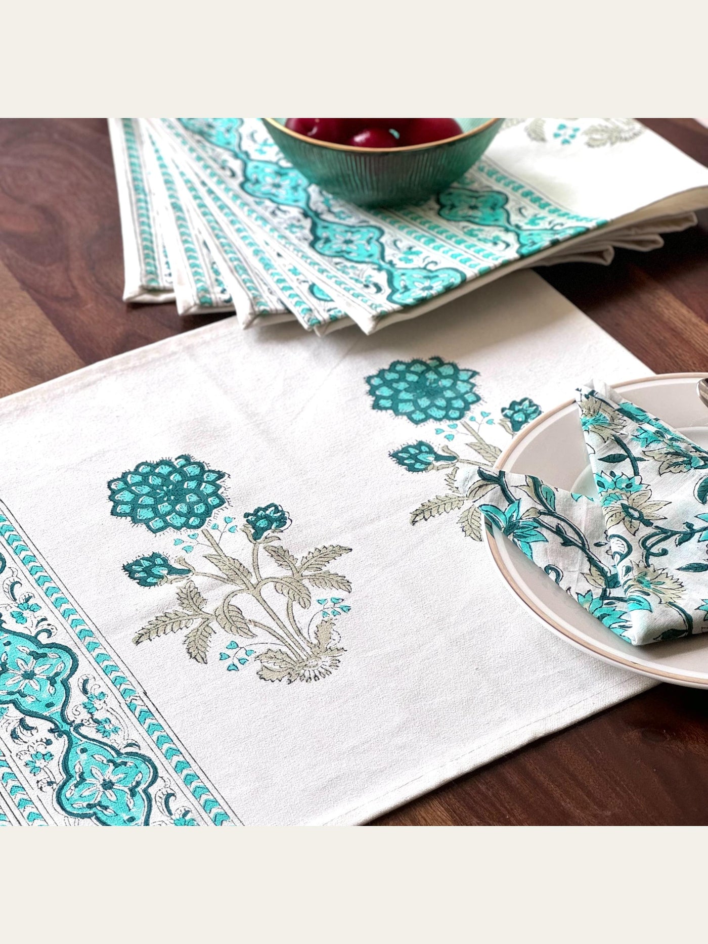 Floral Block Print Placemats with Napkins Set Blue