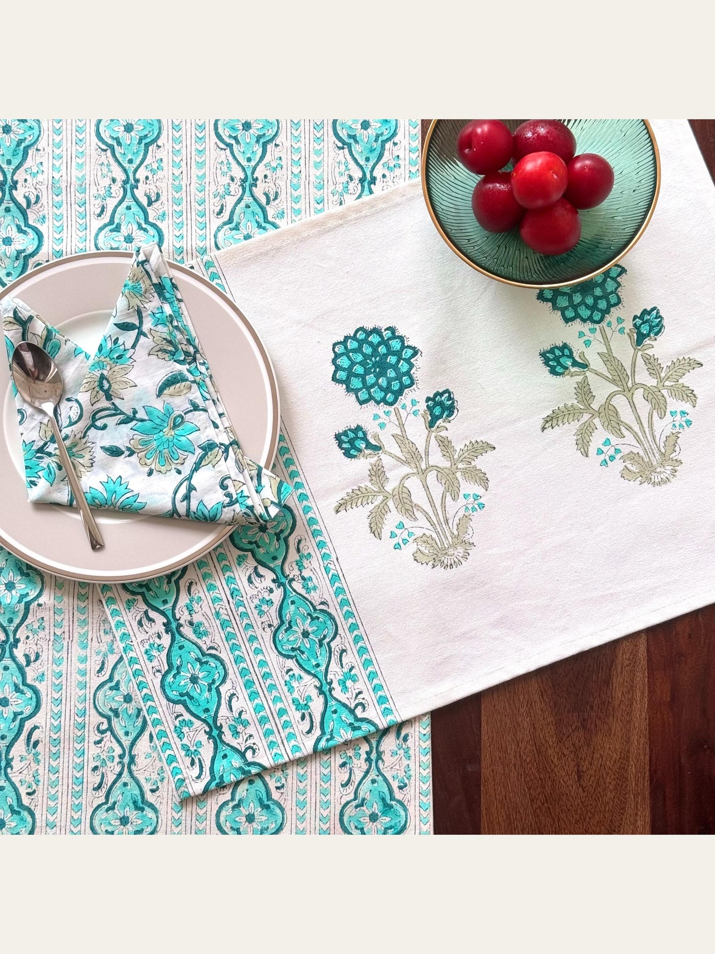 Floral Block Print Placemats with Napkins Set Blue