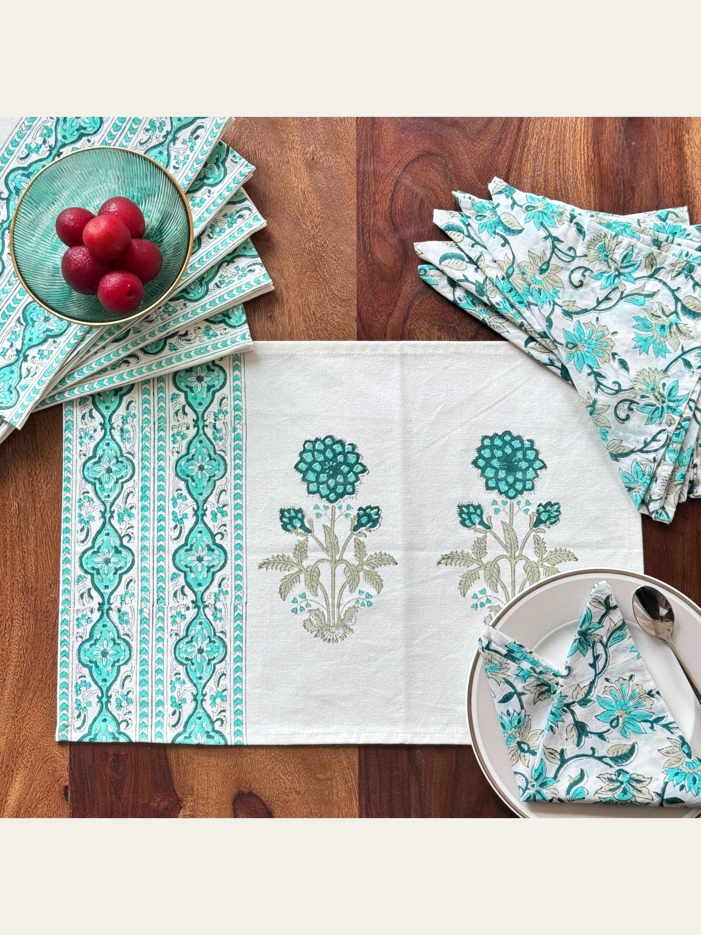 Floral Block Print Placemats with Napkins Set Blue