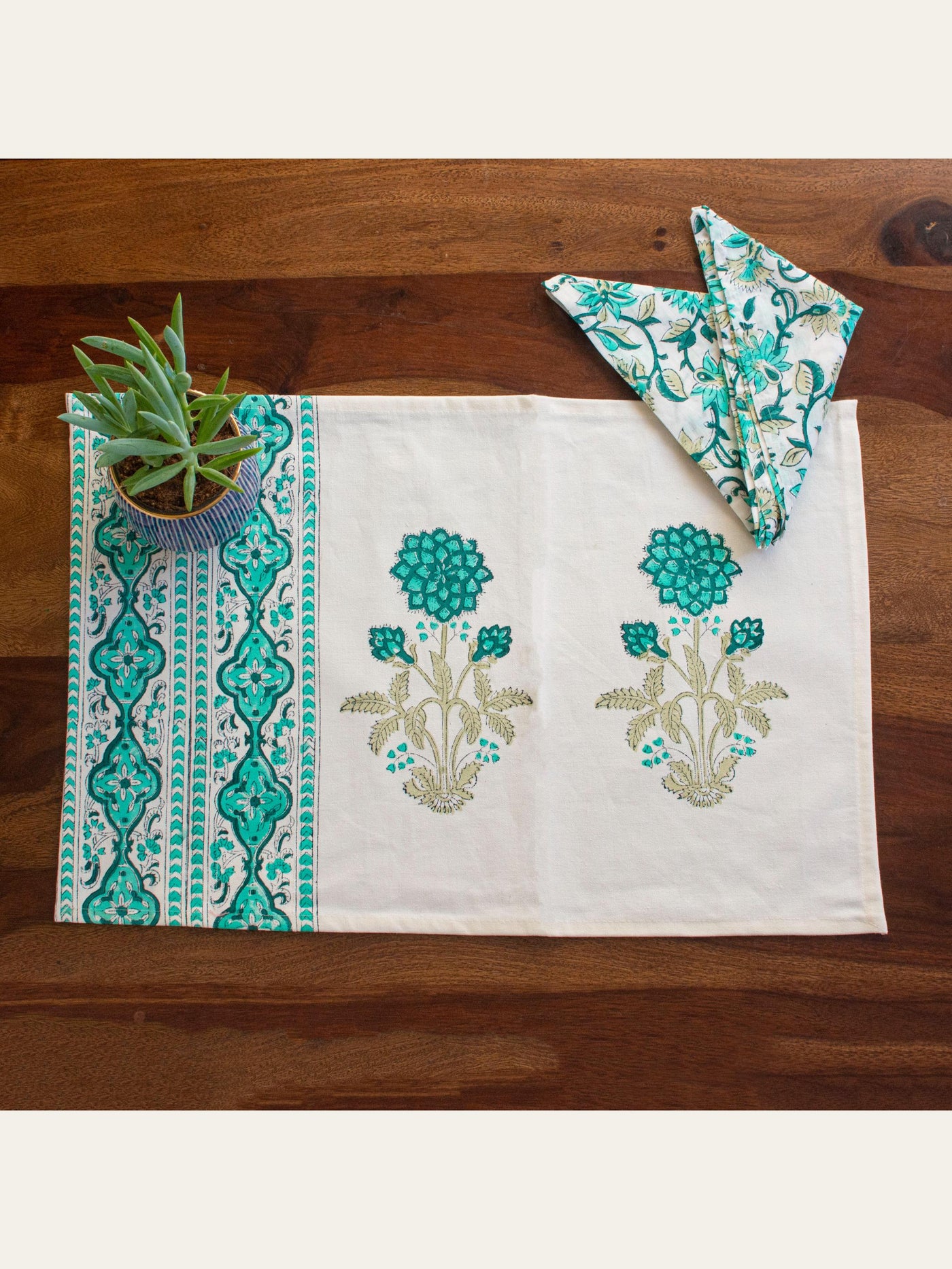 Floral Block Print Placemats with Napkins Set Blue