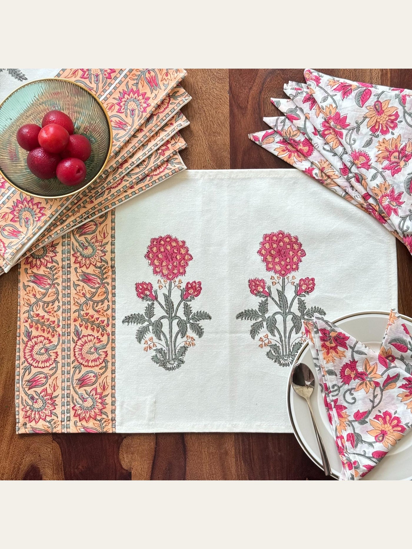 Floral Block Print Placemats with Napkins Set Peach